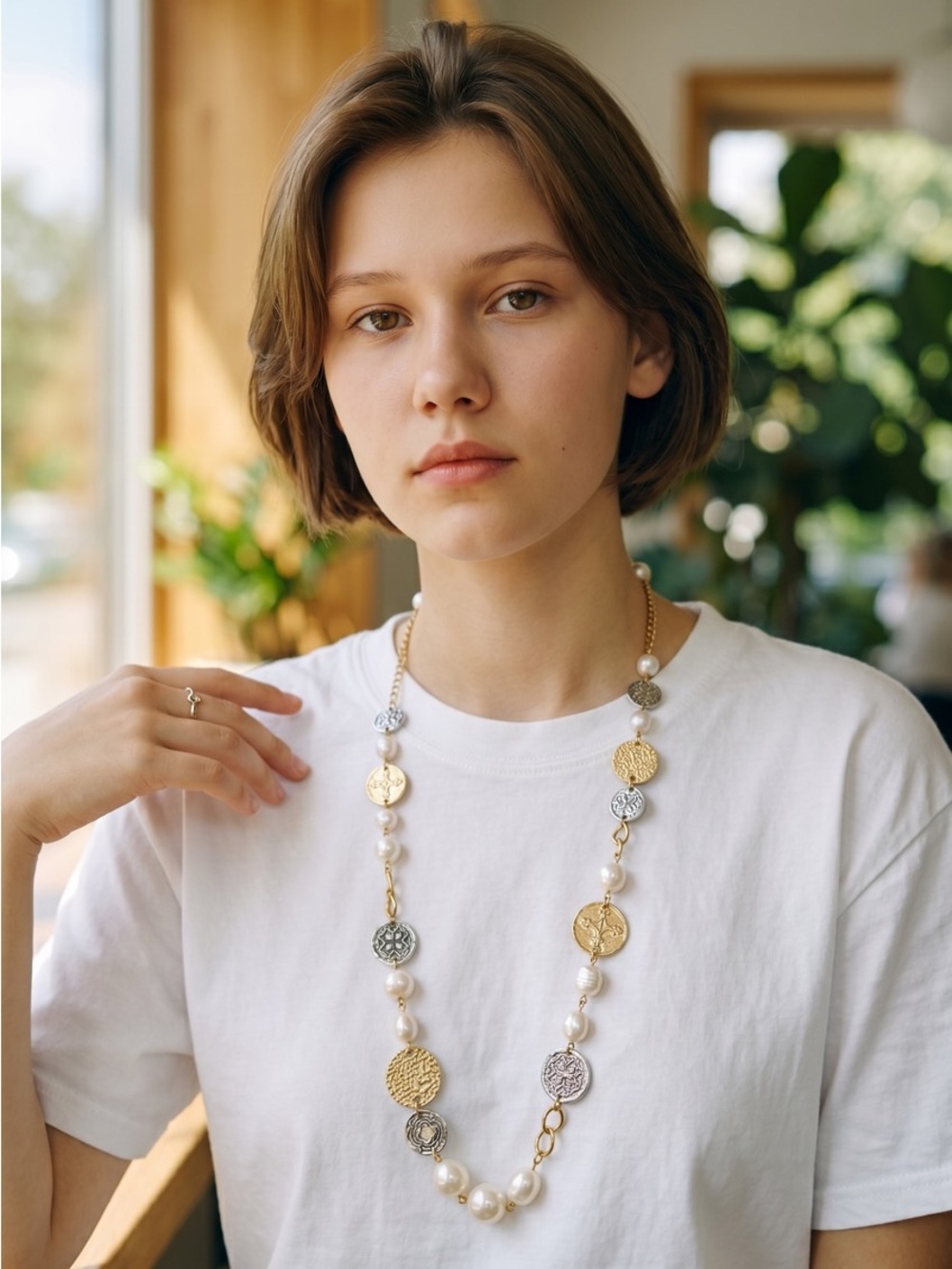 Chico's Two-Tone Coin & Pearl Long Necklace - Gold & Silver